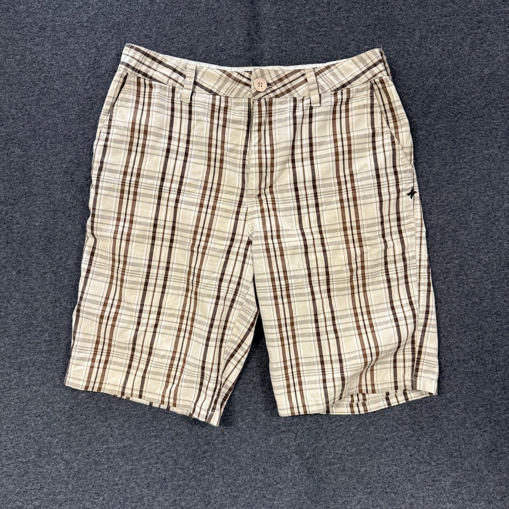 Y2K Hurley Plaid Walk Shorts Mens 30 Brown Cream Good Embroidered Skater Surf